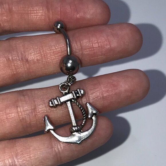 Large Anchor with Rope and Pink Gem Dangle Belly Ring - Picture 6 of 16
